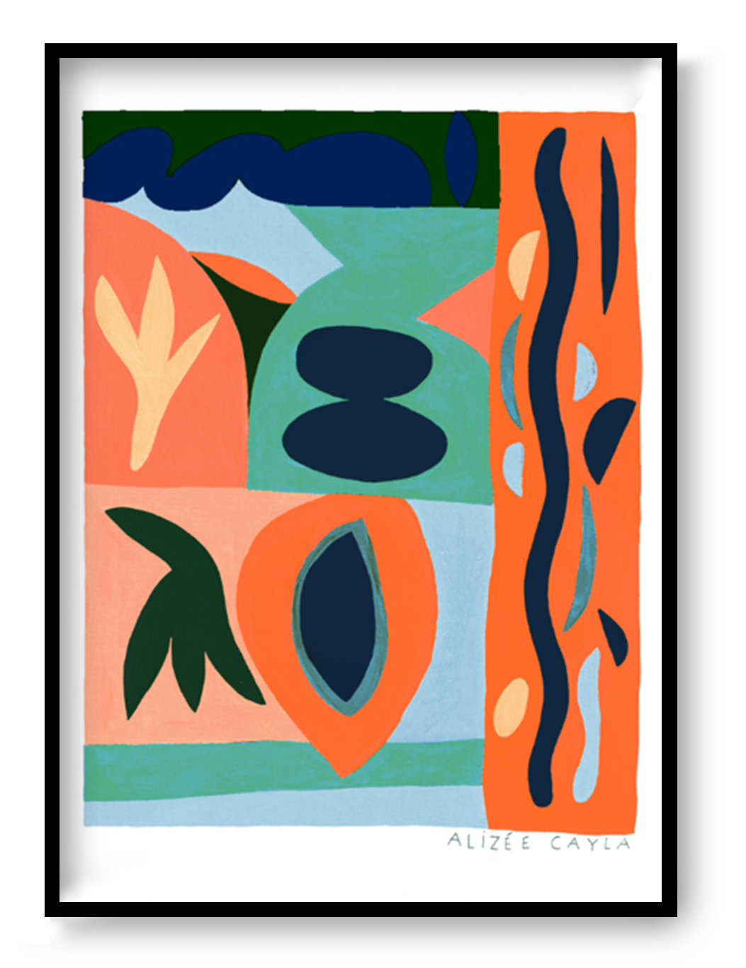 Le Manguier by Alizée Cayla, colourful abstract risograph art print featuring organic shapes in coral, navy blue, mint green, and peach tones, modern A3 wall art for contemporary interiors