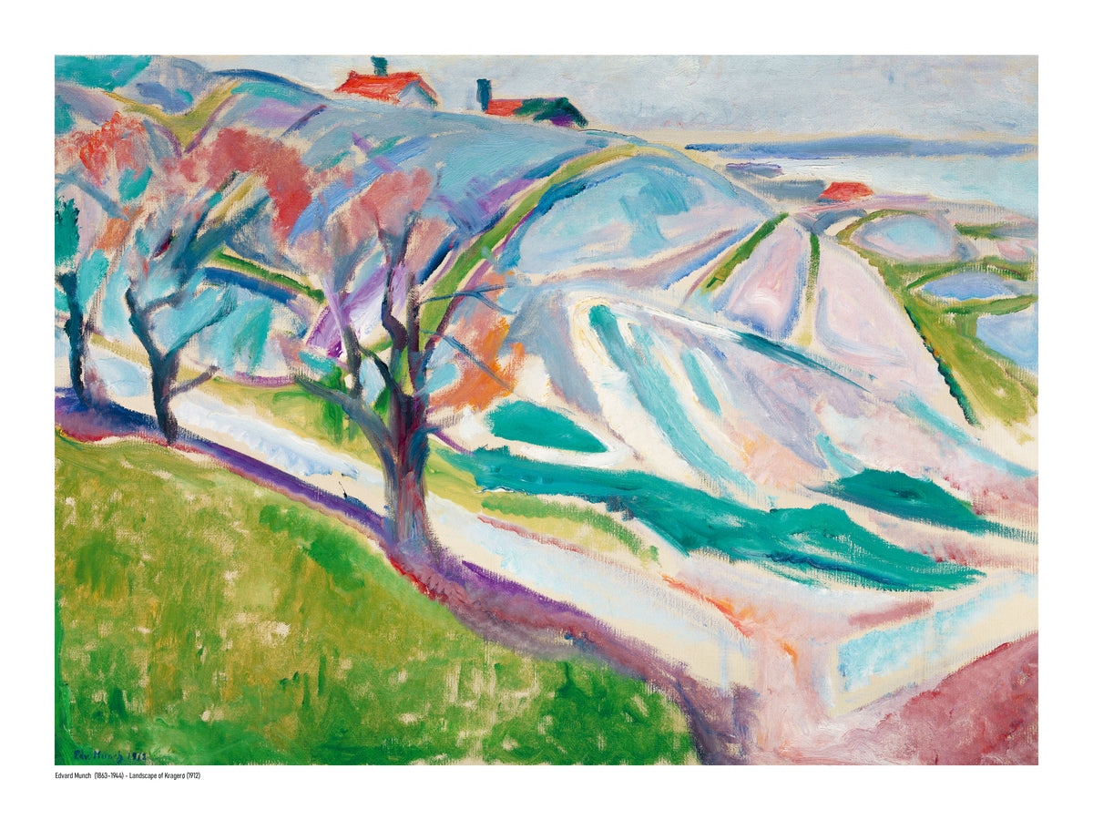Landscape of Kragerø by Edvard Munch, horizontal expressionist landscape in blue, green, pink and turquoise tones, reproduced as a digital print for colorful wall art and home decor.