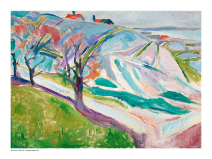 Landscape of Kragerø by Edvard Munch, horizontal expressionist landscape in blue, green, pink and turquoise tones, reproduced as a digital print for colorful wall art and home decor.