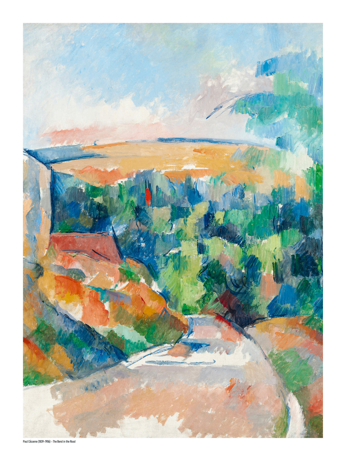 The Bend in the Road by Paul Cézanne, vertical Post-Impressionist landscape in blue, green, orange and soft earth tones, reproduced as a digital wall art print for colourful home decor.