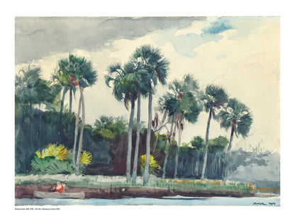 Winslow Homer watercolor-style Florida landscape with tall palm trees, soft green and blue tones and a small red-shirted figure, horizontal digital art print for calm coastal wall decor.