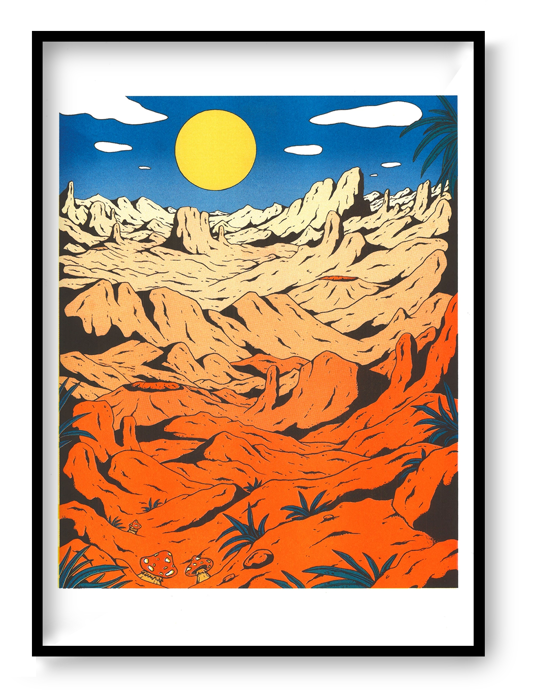 Landscape risograph art print by Floor van het Nederend showing an orange rocky desert beneath a yellow sun and deep blue sky, in a bold retro graphic style and vertical format for colourful wall decor.