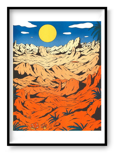 Landscape risograph art print by Floor van het Nederend showing an orange rocky desert beneath a yellow sun and deep blue sky, in a bold retro graphic style and vertical format for colourful wall decor.
