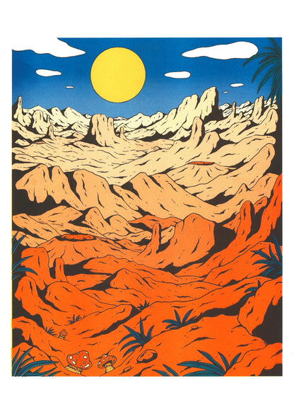 Landscape risograph art print by Floor van het Nederend showing an orange rocky desert beneath a yellow sun and deep blue sky, in a bold retro graphic style and vertical format for colourful wall decor.