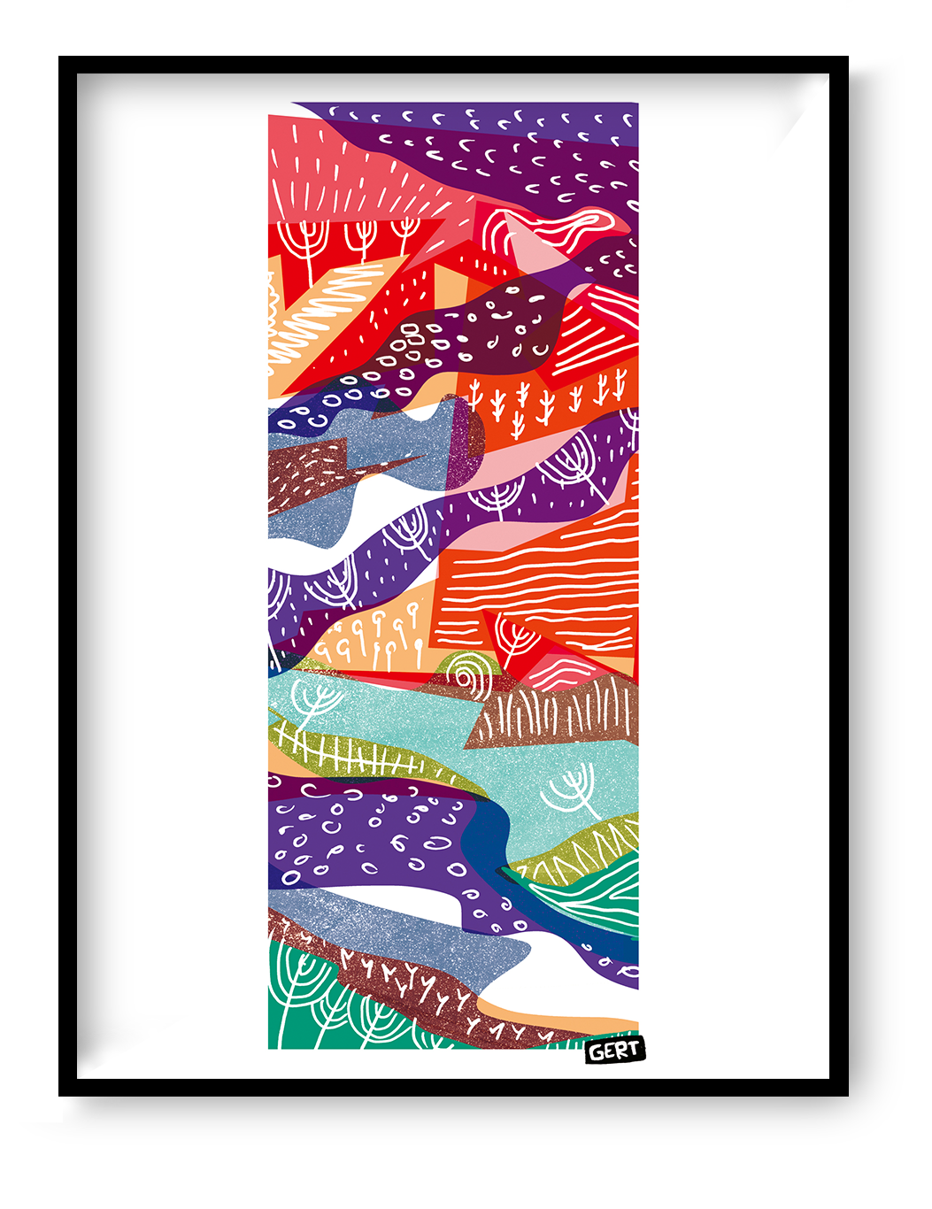 Landscape 1 by Gert Paenen, colorful abstract landscape art print featuring flowing organic shapes, vibrant red, purple, orange, turquoise and green tones, modern graphic illustration for contemporary wall decor, small 13x18 cm art print for home, office and creative interiors.