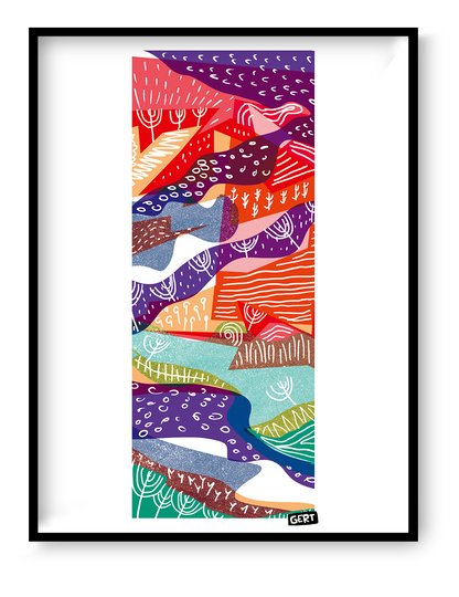 Landscape 1 by Gert Paenen, colorful abstract landscape art print featuring flowing organic shapes, vibrant red, purple, orange, turquoise and green tones, modern graphic illustration for contemporary wall decor, small 13x18 cm art print for home, office and creative interiors.
