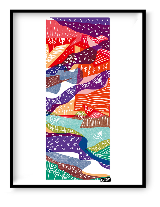 Landscape 1 by Gert Paenen, colorful abstract landscape art print featuring flowing organic shapes, vibrant red, purple, orange, turquoise and green tones, modern graphic illustration for contemporary wall decor, small 13x18 cm art print for home, office and creative interiors.