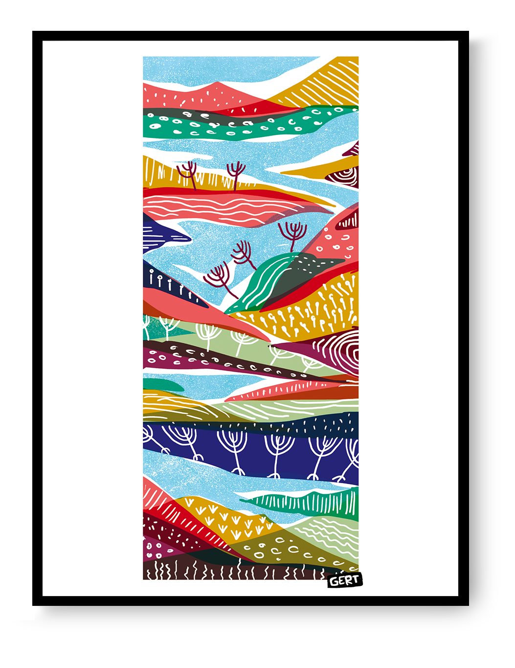 Landscape 2 by Gert Paenen, colourful abstract landscape art print featuring layered hills, stylised trees, flowing shapes and vibrant graphic patterns in blue, red, green, yellow and purple tones, contemporary wall art for modern interiors.