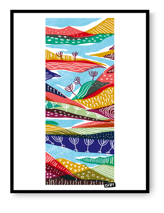 Landscape 2 by Gert Paenen, colourful abstract landscape art print featuring layered hills, stylised trees, flowing shapes and vibrant graphic patterns in blue, red, green, yellow and purple tones, contemporary wall art for modern interiors.