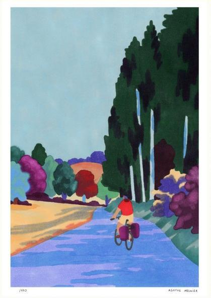 A3 four-colour risograph print by Agathe Meunier showing a cyclist riding through a peaceful Jura landscape, with stylised trees, soft pastel fields, and a calm blue road, printed on Munken Print White paper, limited edition, signed and numbered, contemporary European illustration.