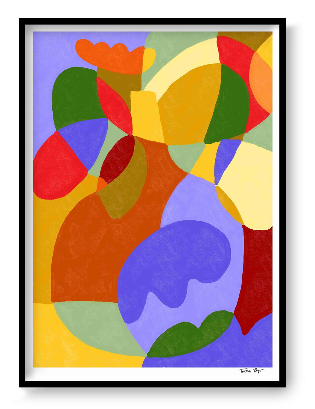 Abstract art print titled Lavender Autumn by Portuguese illustrator Teresa Rego, featuring bold, colorful organic shapes in red, lavender, yellow, and green – A3 print on 300g Munken paper.