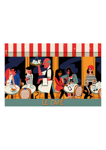 Vintage-style Paris café illustration art print titled "Le Café" by Paul Thurlby, featuring colorful characters, a striped awning, and outdoor tables in a 50x70 cm fine art format.