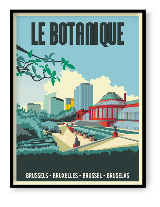 Brussels Le Botanique poster by Studio Frits featuring iconic cultural building and botanical garden in colorful Belgian city travel wall art
