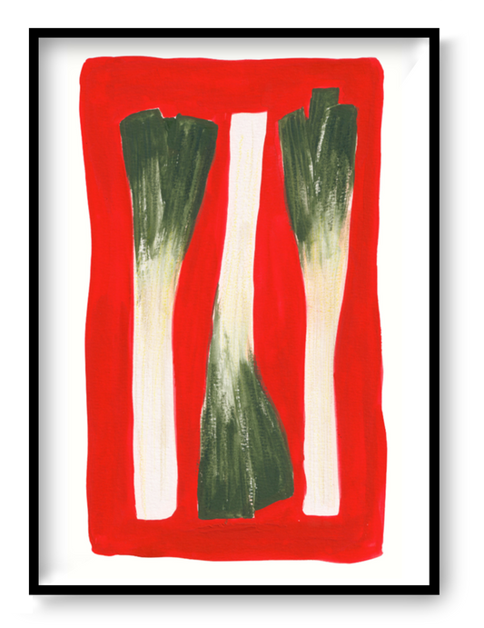 Leek by Kim Timmermans, vertical digital art print featuring three hand-painted green and white leeks against a vivid red background, ideal as colourful kitchen or dining room wall art.