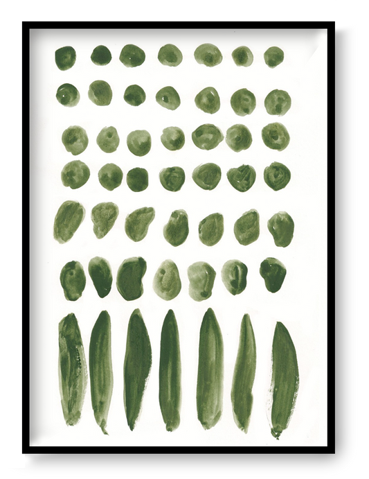 Legumes by Kim Timmermans, vertical A2 digital art print featuring rows of hand-painted green vegetable shapes on white, ideal botanical wall art for kitchens and modern home decor.