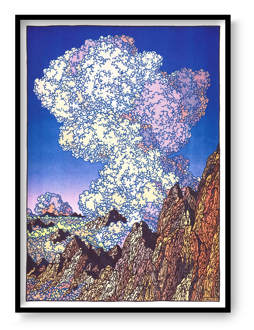 Les Dents Du Midi by Clément Vuillier, vertical risograph art print showing jagged alpine mountains beneath enormous cream and pink clouds against a deep blue sky, bold wall art for modern interiors.