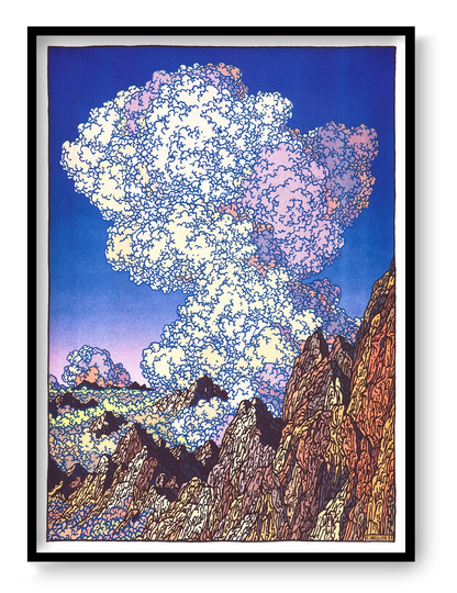 Les Dents Du Midi by Clément Vuillier, vertical risograph art print showing jagged alpine mountains beneath enormous cream and pink clouds against a deep blue sky, bold wall art for modern interiors.