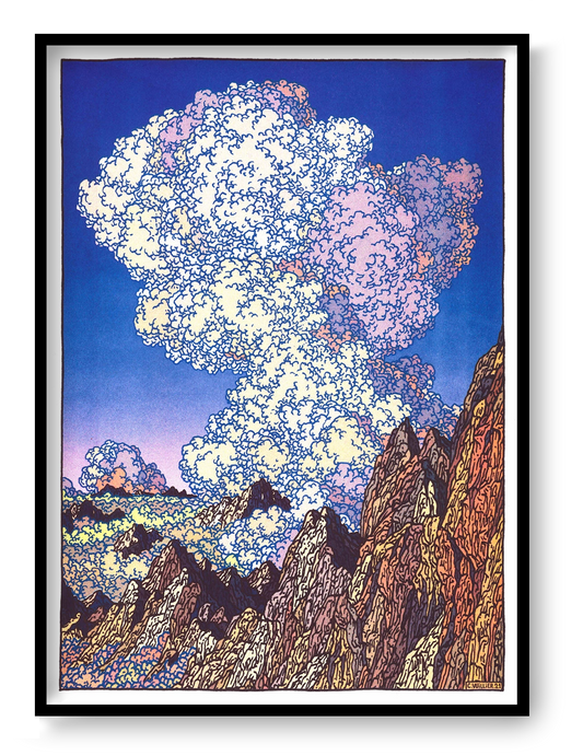 Les Dents Du Midi by Clément Vuillier, vertical risograph art print showing jagged alpine mountains beneath enormous cream and pink clouds against a deep blue sky, bold wall art for modern interiors.
