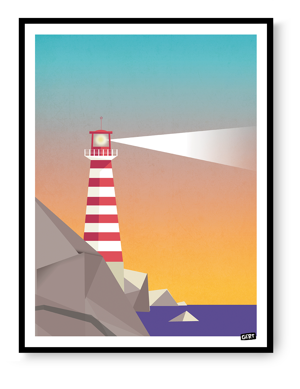 Lighthouse 1 by Gert Paenen digital art print featuring a red and white striped lighthouse on a rocky coastline at sunset, with a bright lighthouse beam, geometric landscape forms, minimalist coastal wall art for modern interiors.