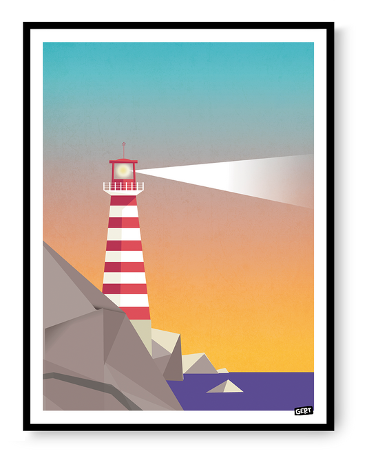 Lighthouse 1 by Gert Paenen digital art print featuring a red and white striped lighthouse on a rocky coastline at sunset, with a bright lighthouse beam, geometric landscape forms, minimalist coastal wall art for modern interiors.