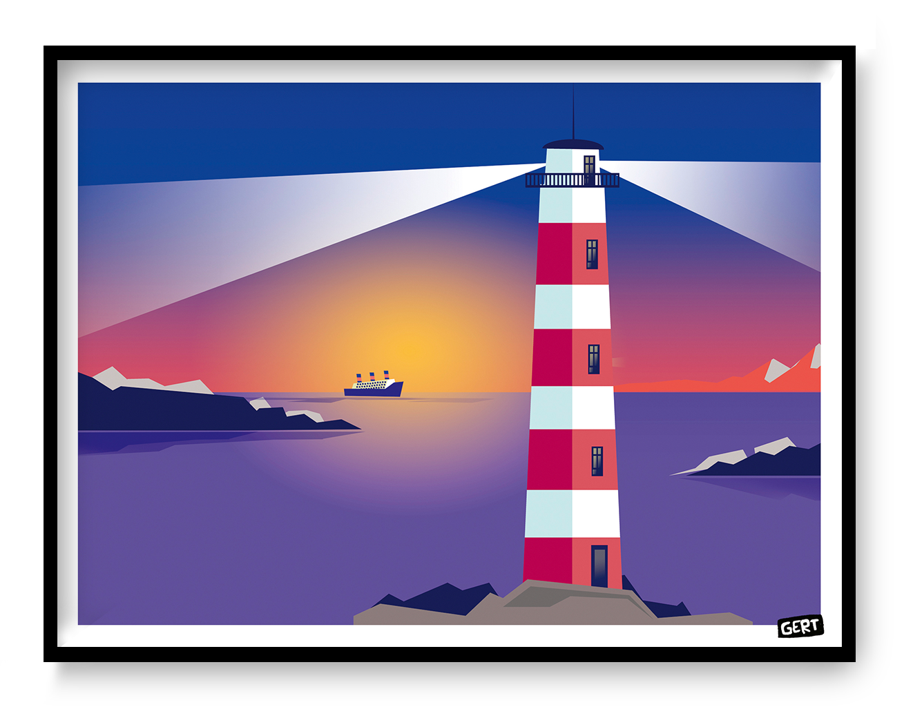 Lighthouse 2 by Gert Paenen, colorful lighthouse art print featuring a red and white striped lighthouse overlooking a calm sea at sunset, modern coastal wall art in vibrant blue, pink, purple and orange tones, digital illustration for contemporary home decor.