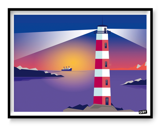 Lighthouse 2 by Gert Paenen, colorful lighthouse art print featuring a red and white striped lighthouse overlooking a calm sea at sunset, modern coastal wall art in vibrant blue, pink, purple and orange tones, digital illustration for contemporary home decor.