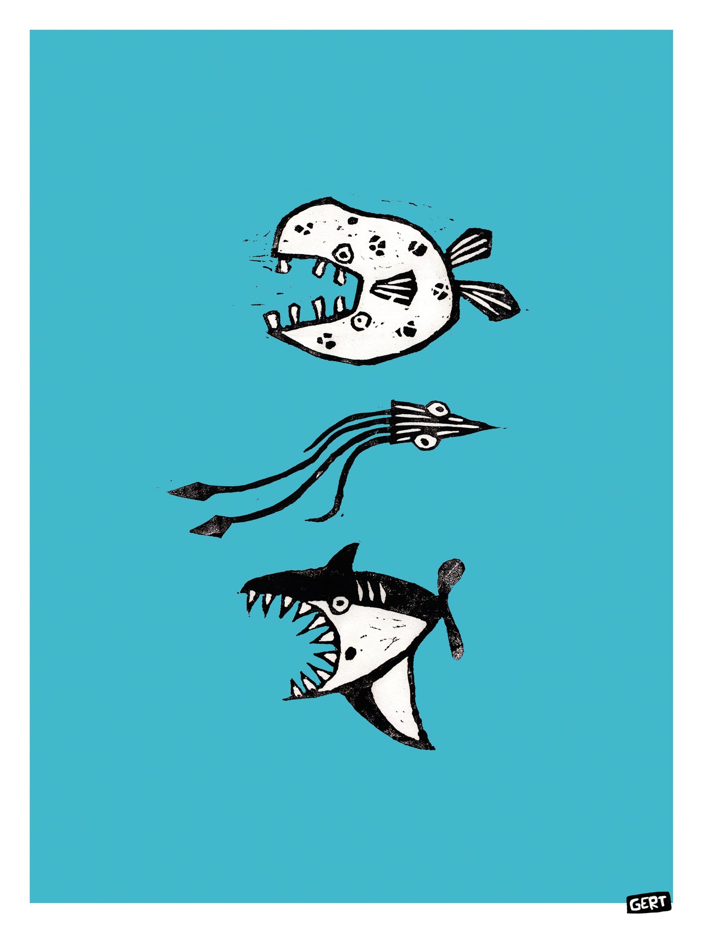 3 Fish (lino) by Gert Paenen, original linocut-style fish illustration reproduced as a digital art print with black graphic fish on a bright blue background.