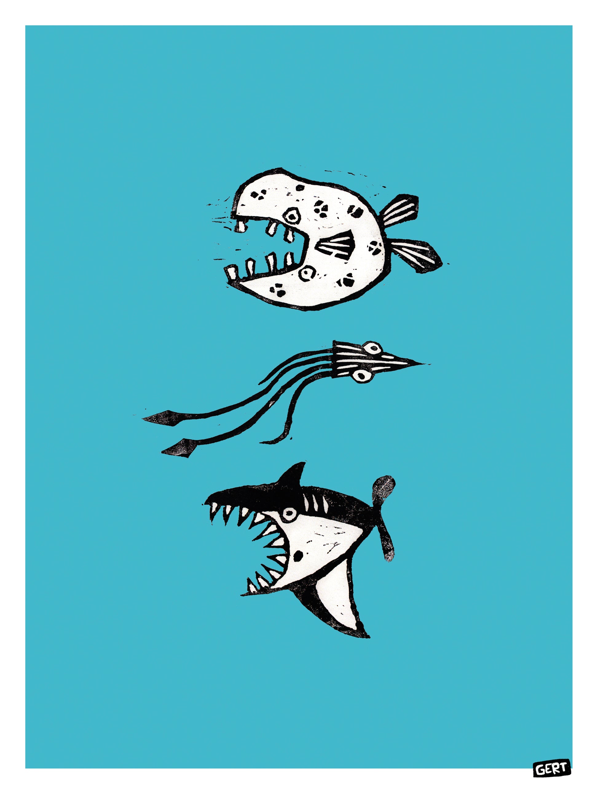 3 Fish (lino) by Gert Paenen, original linocut-style fish illustration reproduced as a digital art print with black graphic fish on a bright blue background.