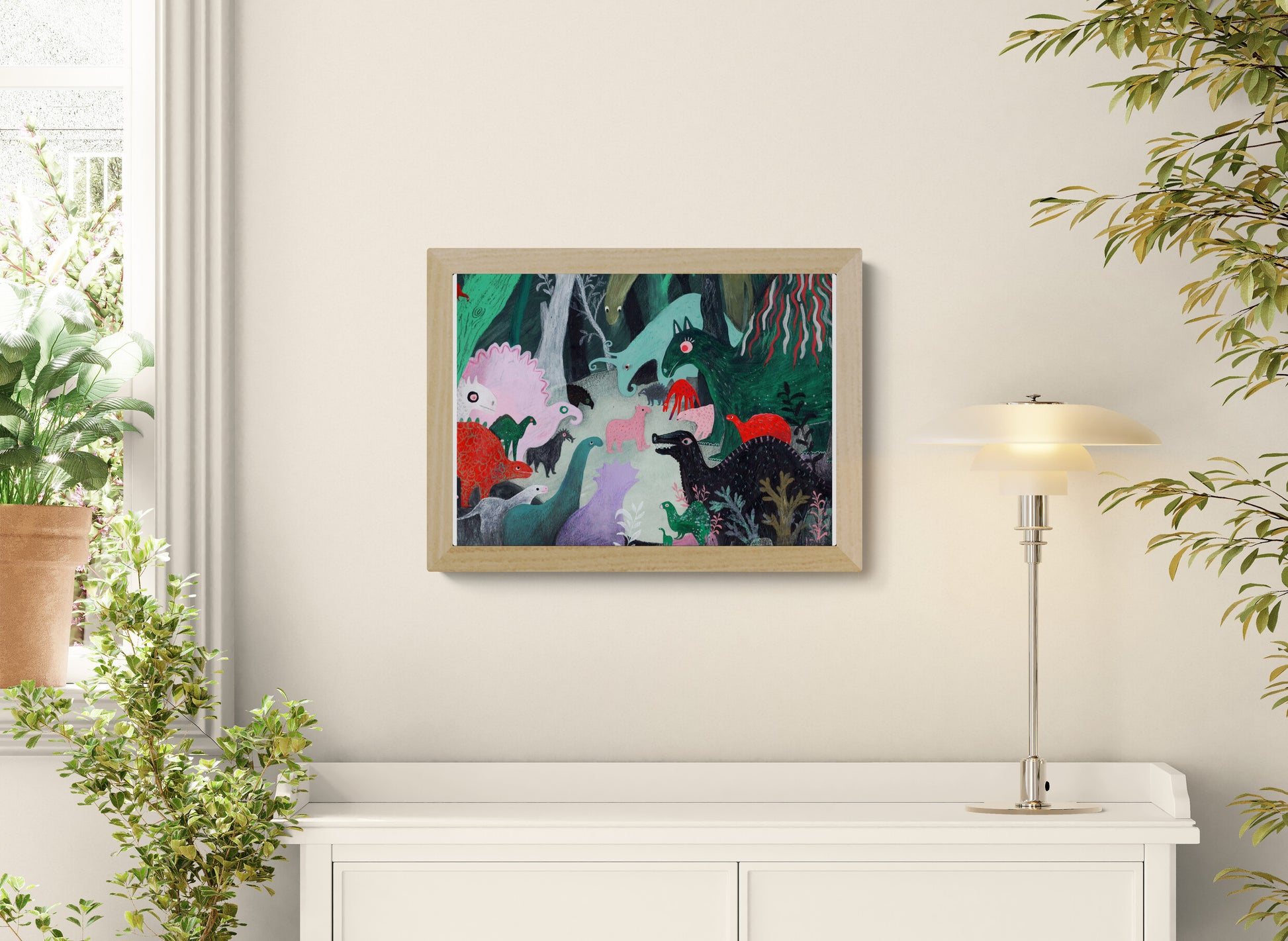 Whimsical dinosaur illustration art print by Louise de Meester showing colorful prehistoric animals in a dense jungle landscape with textured painterly style.