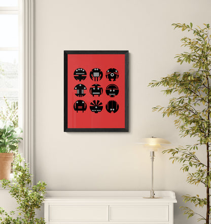 Graphic robot characters illustration in bold black shapes on red background, modern geometric robot wall art print for kids room or creative studio decor