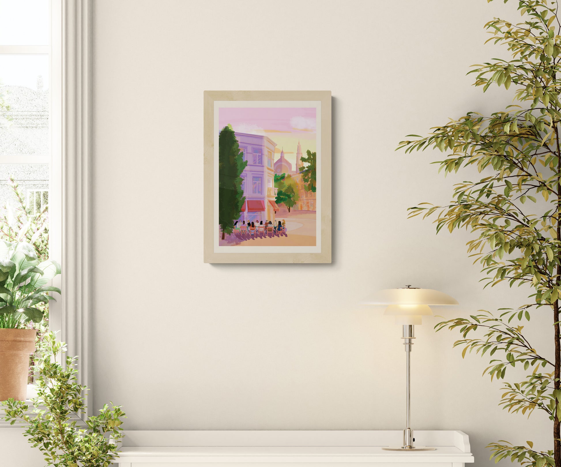 Digital A4 art print titled Terrasjes in Antwerpen by Valeria Maggiani, showing people enjoying a terrace in Antwerp at sunset with pink skies and cathedral in the background. Printed in Belgium under the artist’s supervision. Ideal for urban and travel-inspired home decor.