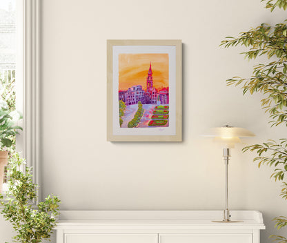 Colorful illustration of Mont des Arts in Brussels at sunset with historic buildings, garden terraces, and warm orange sky, fine art giclée print on textured cotton paper.