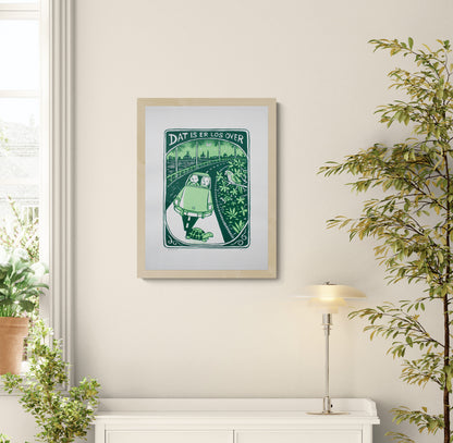 Green humorous screen print showing a car driving over a turtle at night with a city skyline in the background, limited edition illustration by Dennis Dellaert, 30 x 40 cm wall art.