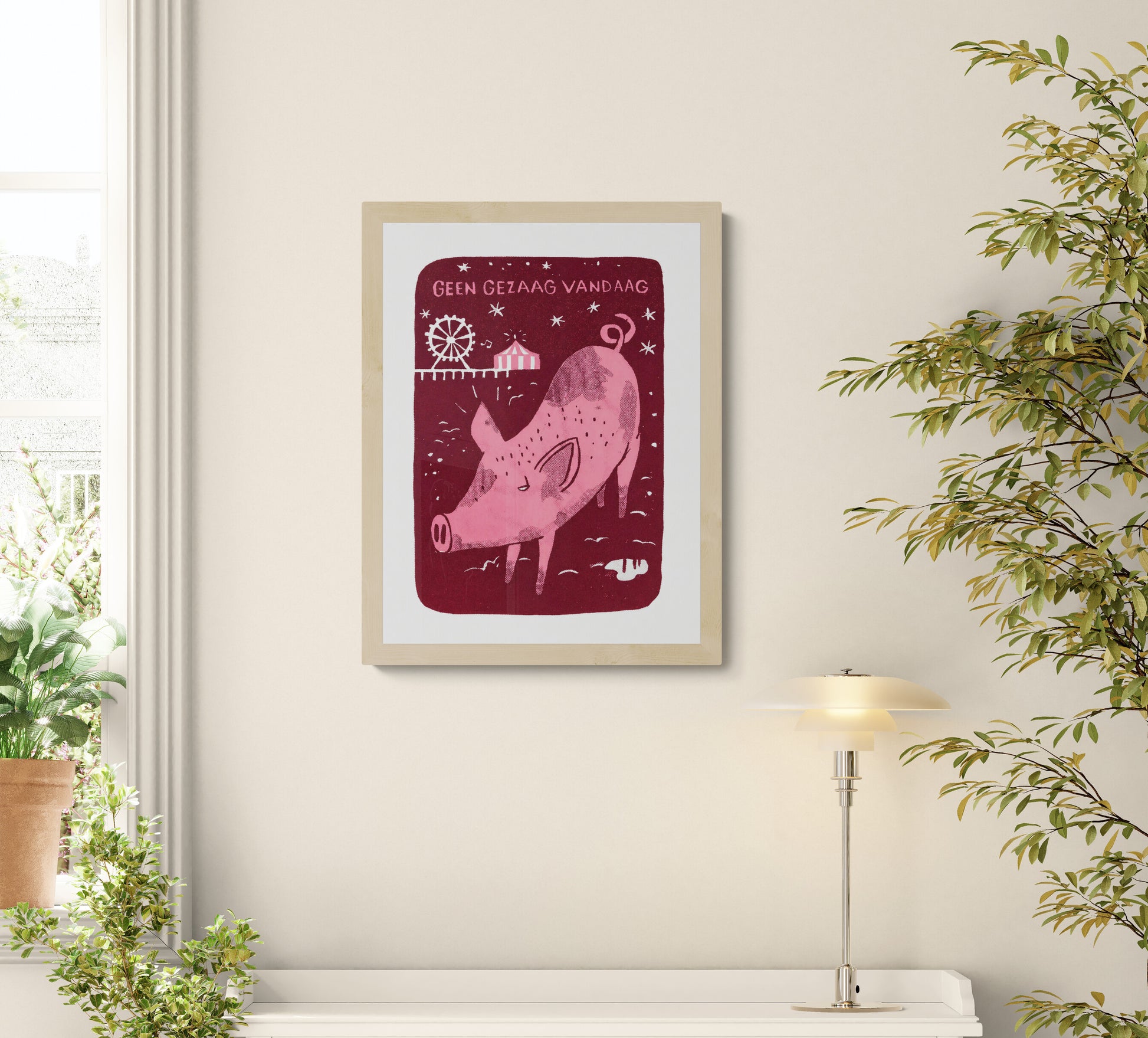 Pink pig walking at night near a small fairground in a whimsical red landscape, humorous 2-colour screen print by Dennis Dellaert, playful limited edition wall art for modern home decor