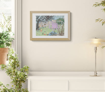 Whimsical children illustration art print Matchday by Willy Leung showing kids playing soccer with a friendly purple octopus as goalkeeper in a playful garden scene.
