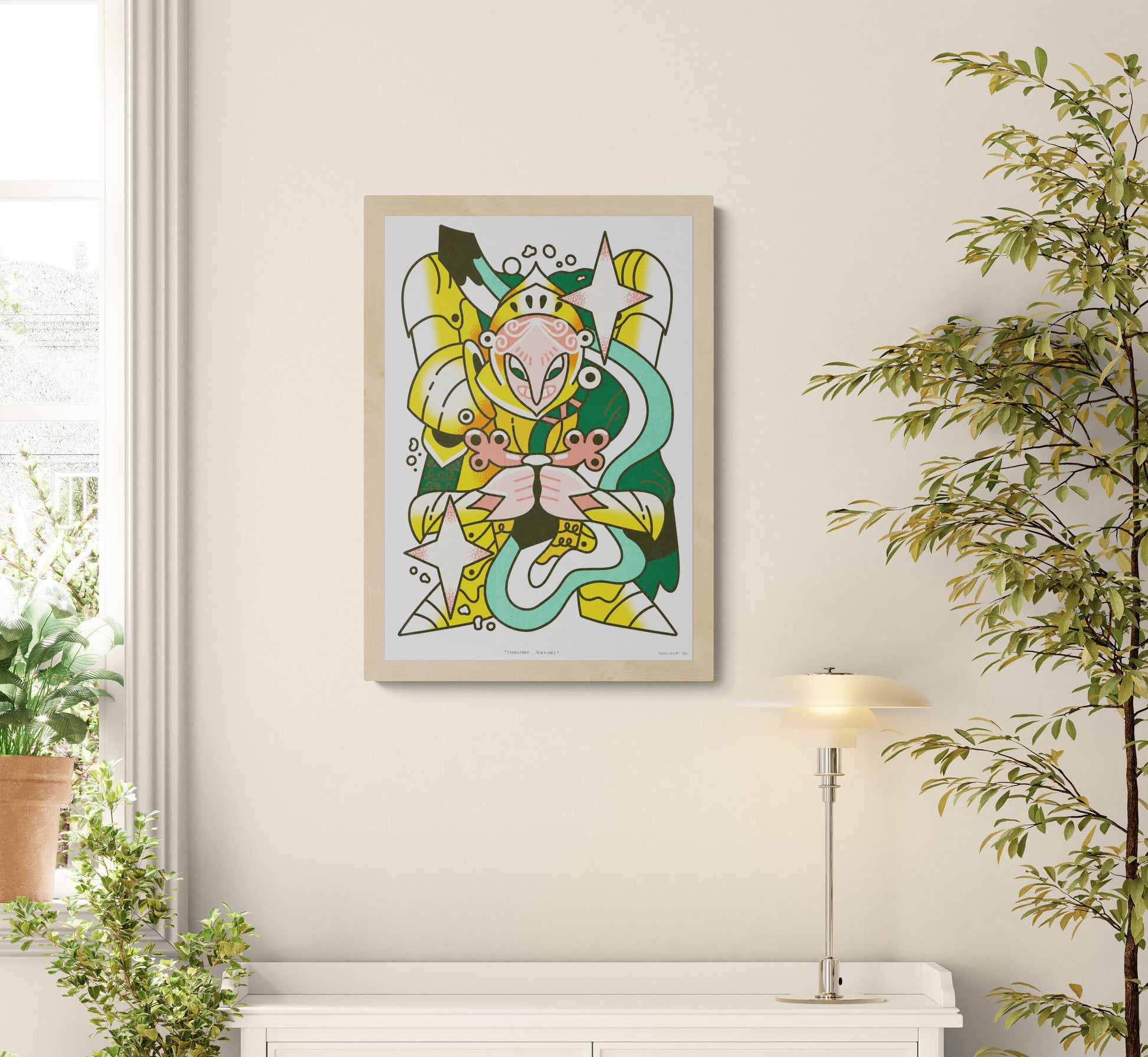 Starlight Sentinel risograph art print by Auwnanas featuring a stylized warrior figure with stars, bold yellow and green tones, and dynamic abstract shapes in A3 format