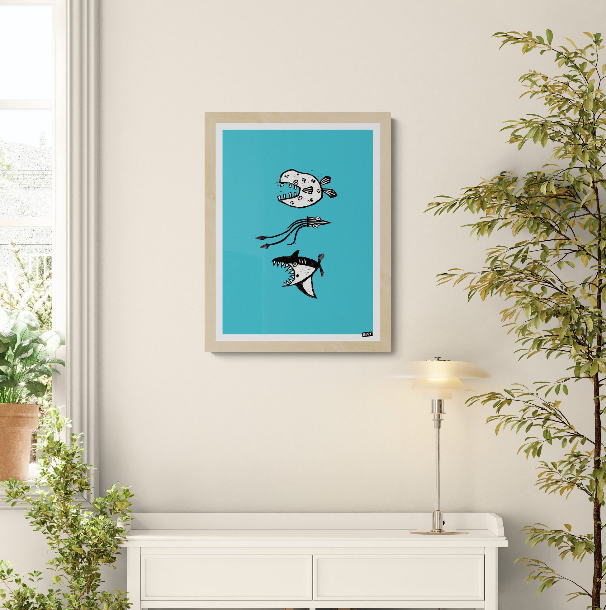 3 Fish (lino) by Gert Paenen, original linocut-style fish illustration reproduced as a digital art print with black graphic fish on a bright blue background.