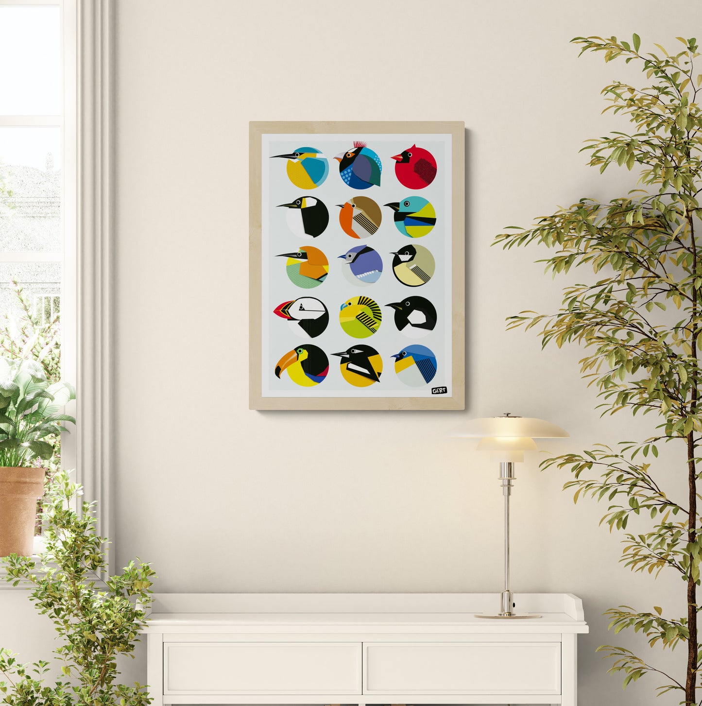 Circle Birds by Gert Paenen, colorful geometric bird illustration art print featuring 15 stylized birds inside circular compositions, modern graphic wall art print for contemporary interiors and design lovers