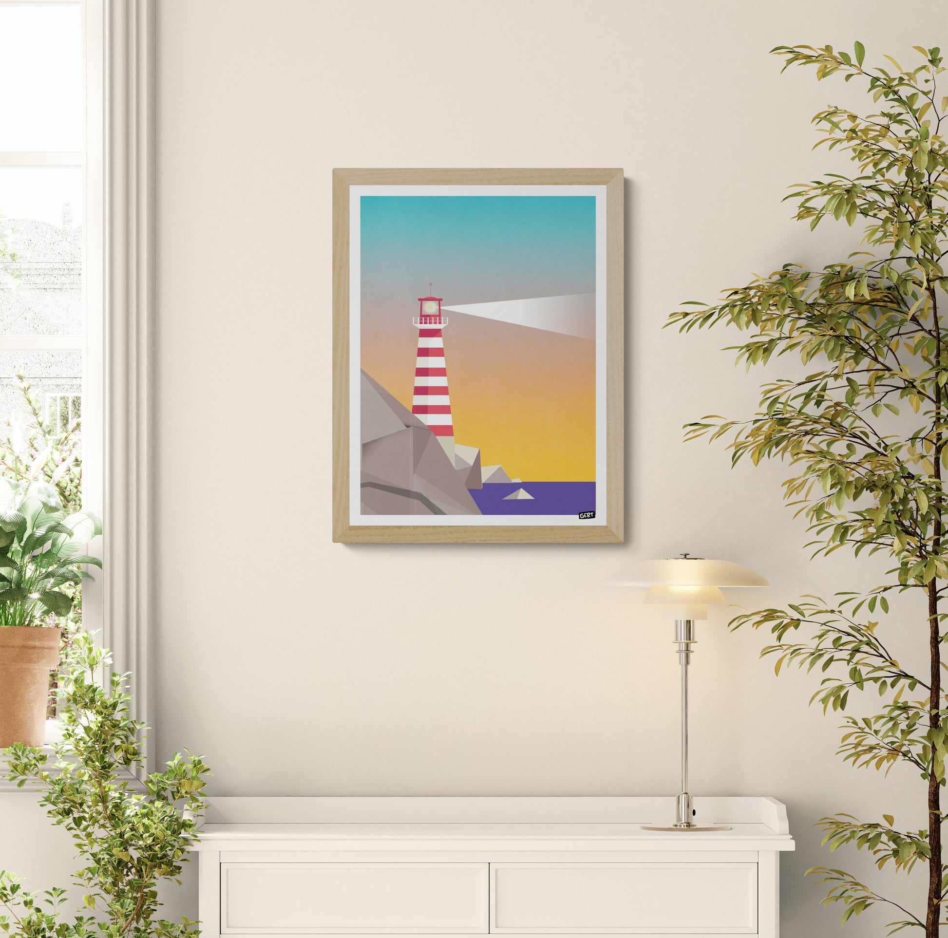 Lighthouse 1 by Gert Paenen digital art print featuring a red and white striped lighthouse on a rocky coastline at sunset, with a bright lighthouse beam, geometric landscape forms, minimalist coastal wall art for modern interiors.