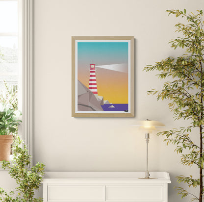 Lighthouse 1 by Gert Paenen digital art print featuring a red and white striped lighthouse on a rocky coastline at sunset, with a bright lighthouse beam, geometric landscape forms, minimalist coastal wall art for modern interiors.