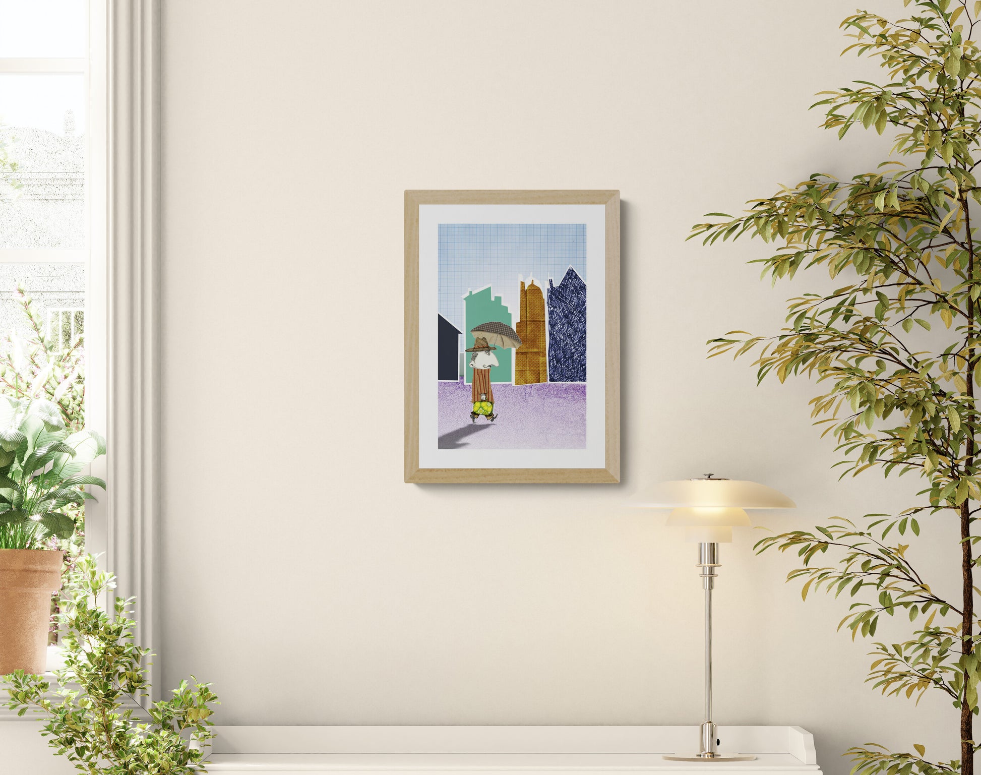 Mister Jenkins digital collage print by Gert Paenen featuring a whimsical character carrying a suitcase and umbrella while walking through a colorful urban landscape of textured buildings, contemporary collage wall art printed on premium paper.