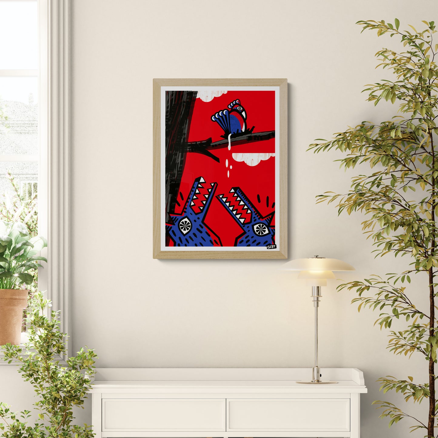 Bold contemporary art print featuring a colorful bird perched above two stylized crocodiles with open jaws, illustrated in graphic blue, red, black and white shapes. Modern digital wall art by Belgian illustrator Gert Paenen with playful humor and striking visual contrast.