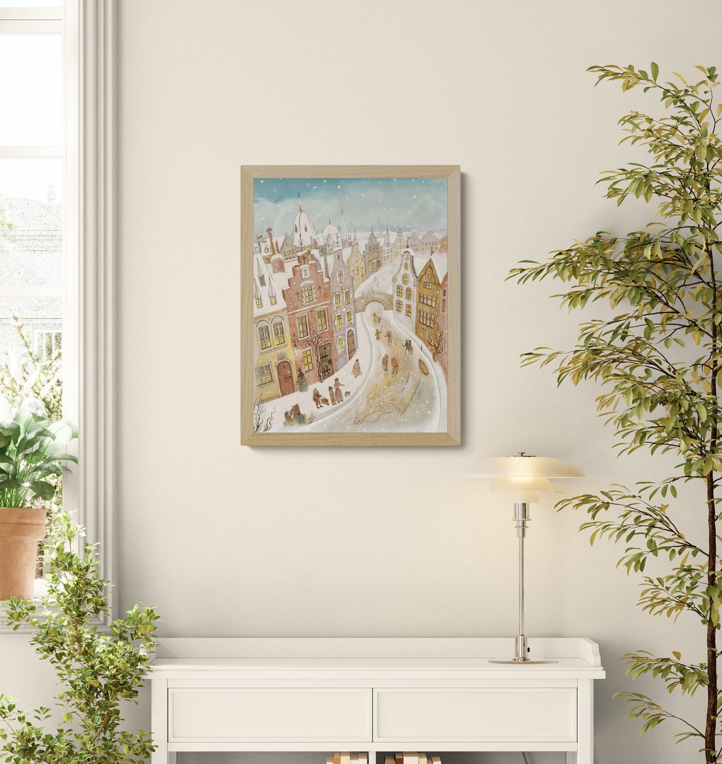 Snow Dragon by Lena Yampolski featuring a snowy European town with historic houses, glowing windows, and a hidden golden dragon beneath an icy canal, illustrated in a whimsical folklore-inspired style. Vertical giclée wall art for cozy home decor.