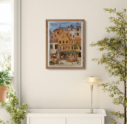 Whimsical fantasy illustration of a steampunk brewery in Antwerp with witches, dragons, and glowing lights by Lena Yampolski. Detailed giclée art print inspired by Flemish architecture, Belgian beer, and magical storytelling