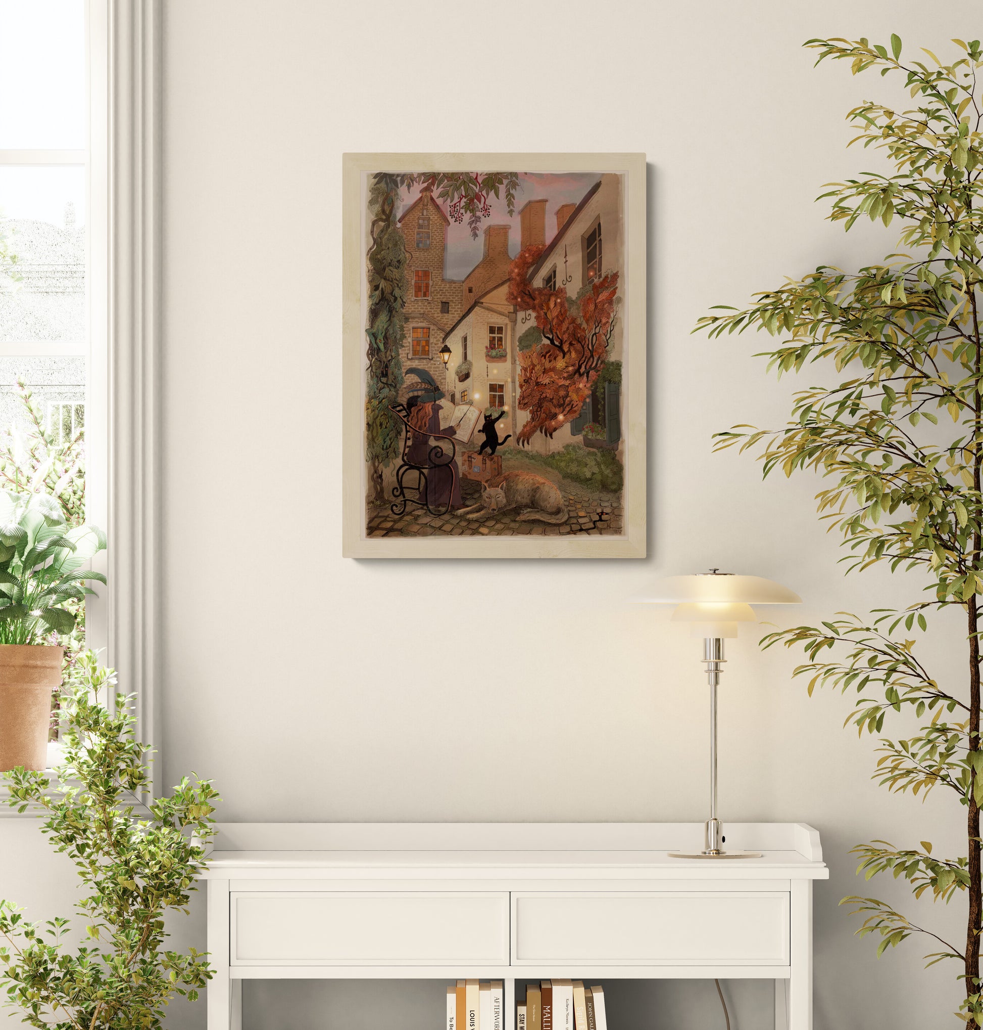 Fantasy illustration inspired by Antwerp's historic Vlaaikensgang, featuring a witch reading in a hidden courtyard with a black cat, wolf, and autumn spirit. Warm storybook colors, detailed giclée print, vertical wall art for cozy home decor.