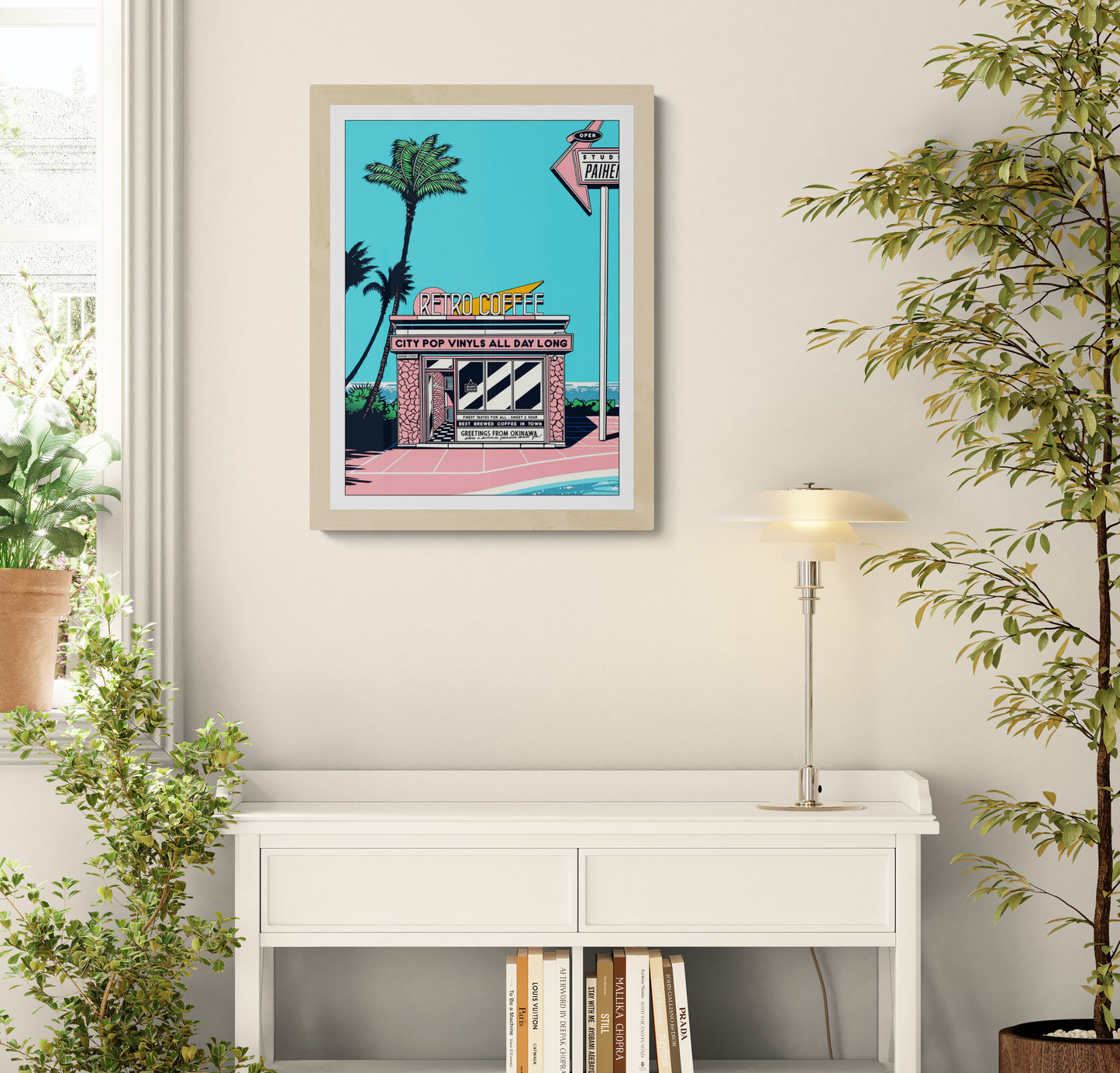 City Pop Coffee retro Japanese café illustration by Paiheme Studio with palm trees, neon signage, Okinawa coastal scenery and city pop vinyl culture aesthetic wall art print