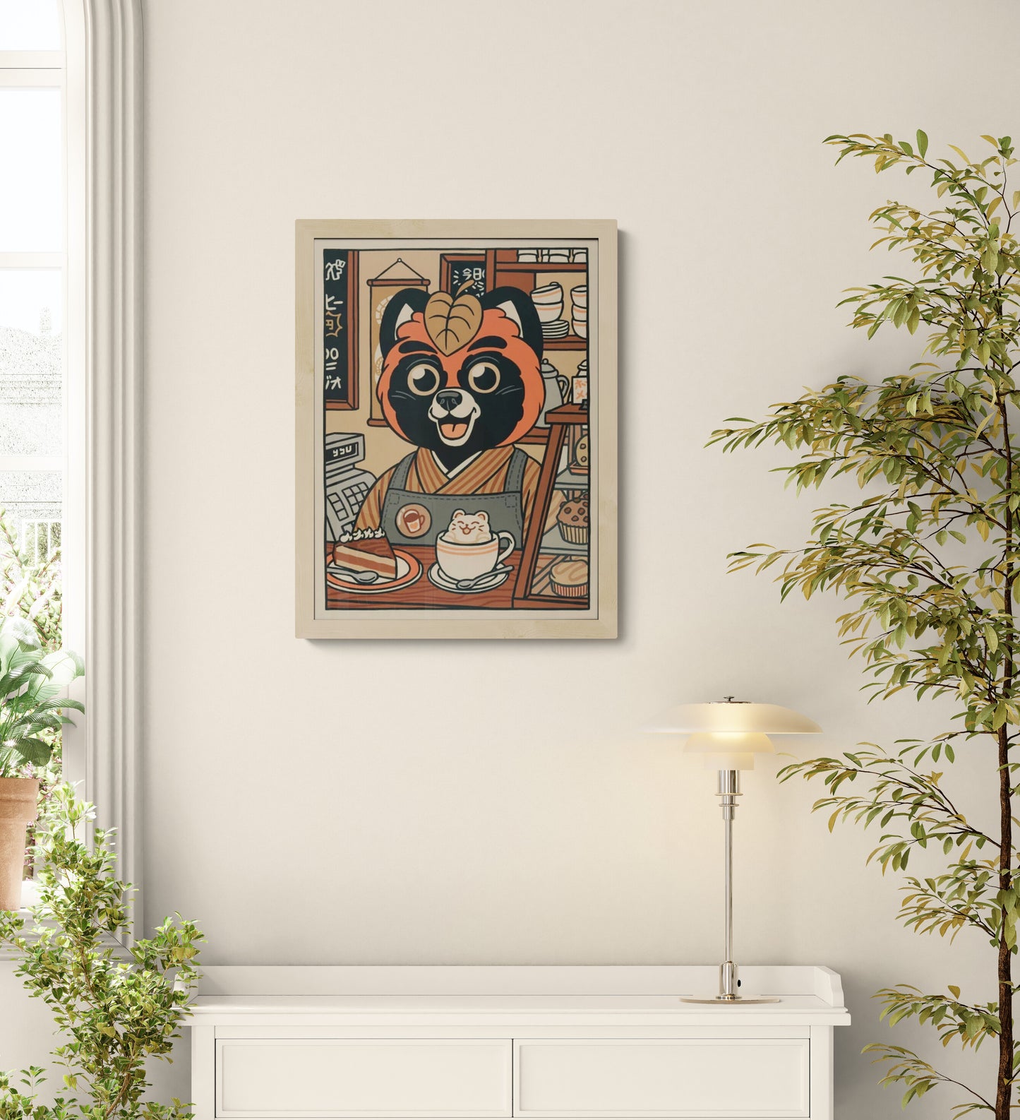 Playful illustration titled ‘Chez Jean-Paul’ by Yeaaah! Studio featuring an anthropomorphic red panda barista in a cozy Japanese-style café, serving a slice of cake and latte art with a smiling bear face. Rich in warm vintage tones and charming details, this whimsical artwork adds a fun, kawaii-inspired touch to any kitchen, coffee nook, or modern eclectic space—available at Galerie Frits