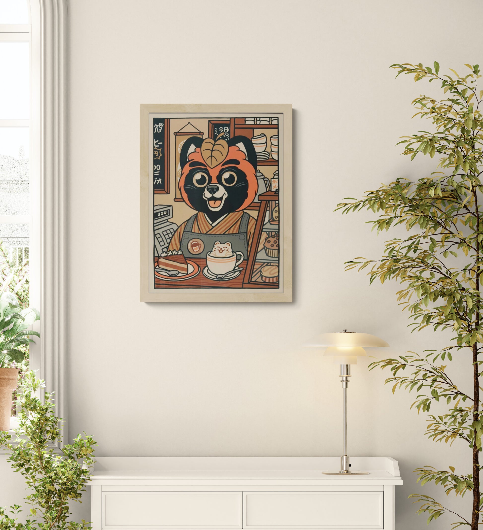 Playful illustration titled ‘Chez Jean-Paul’ by Yeaaah! Studio featuring an anthropomorphic red panda barista in a cozy Japanese-style café, serving a slice of cake and latte art with a smiling bear face. Rich in warm vintage tones and charming details, this whimsical artwork adds a fun, kawaii-inspired touch to any kitchen, coffee nook, or modern eclectic space—available at Galerie Frits