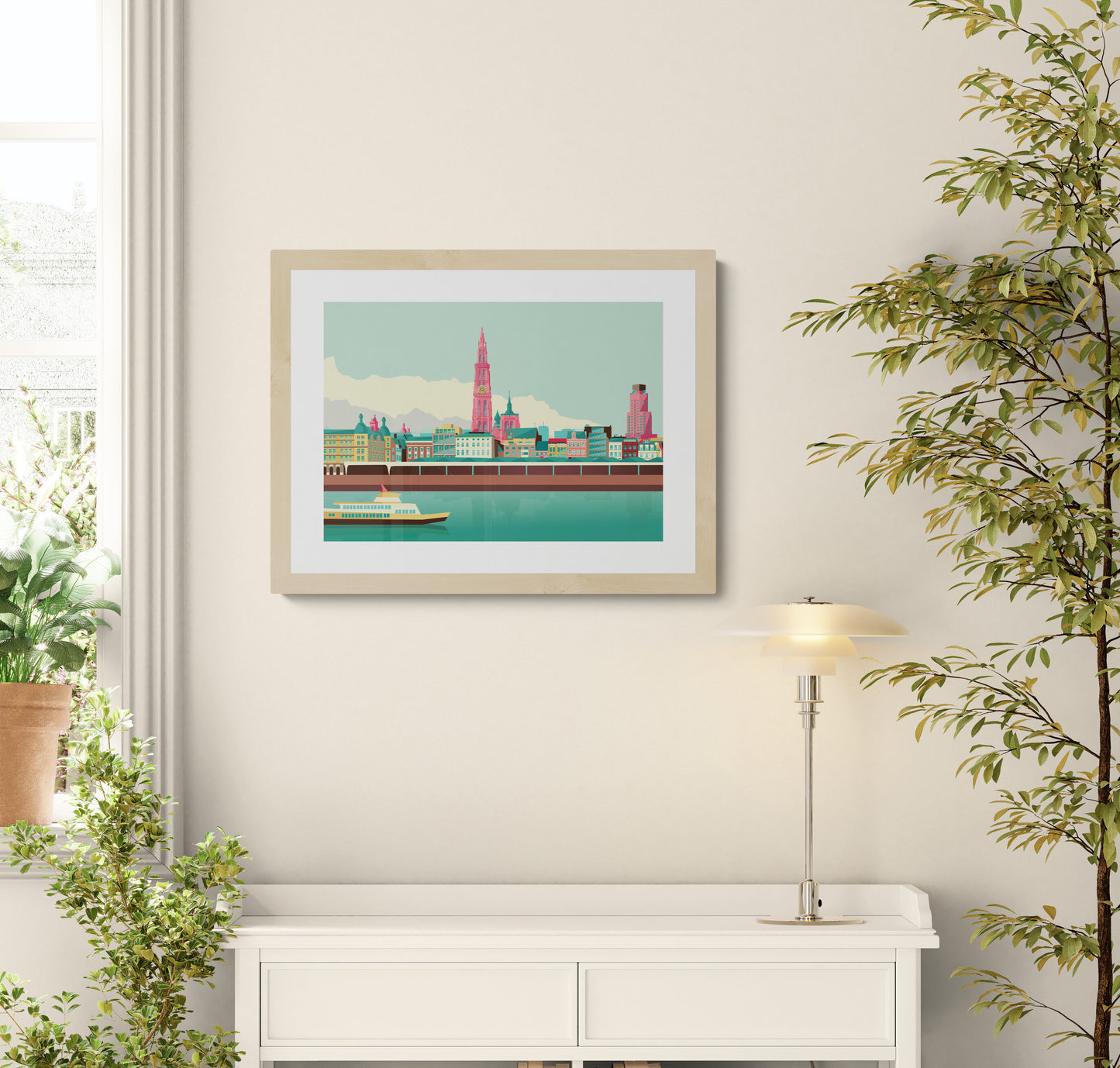 Antwerp Skyline by Gert Paenen, modern cityscape art print featuring the Antwerp waterfront, cathedral tower, pastel buildings, and river reflections in a clean graphic style.