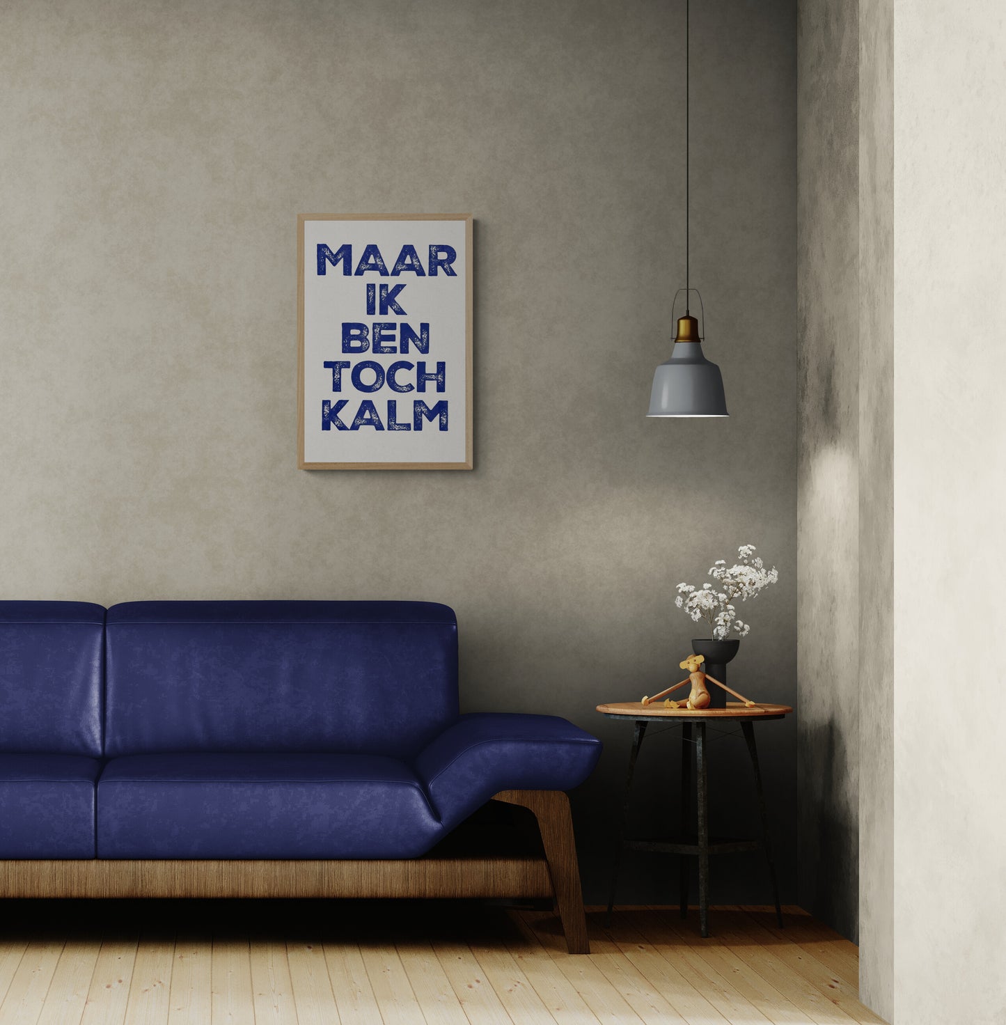 Hand-pulled A3 screen print reading “Maar Ik Ben Toch Kalm” in bold blue typography, printed with layered inks on white paper, contemporary Belgian graphic wall art.